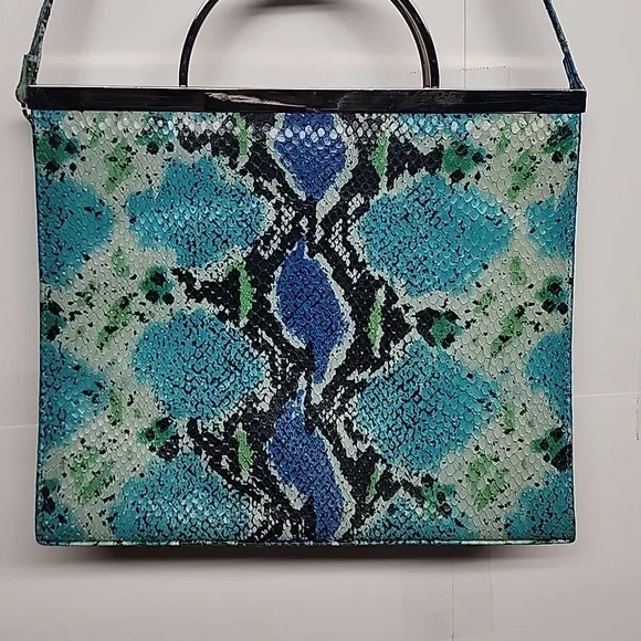 Charles Jourdan VINTAGE blue green gray reptile print silver hardware purse.boho - Picture 5 of 9